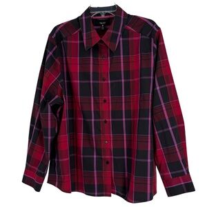 Foxcroft Button Up Shirt Womens Size 20W Collared Black Red Plaid Work Office